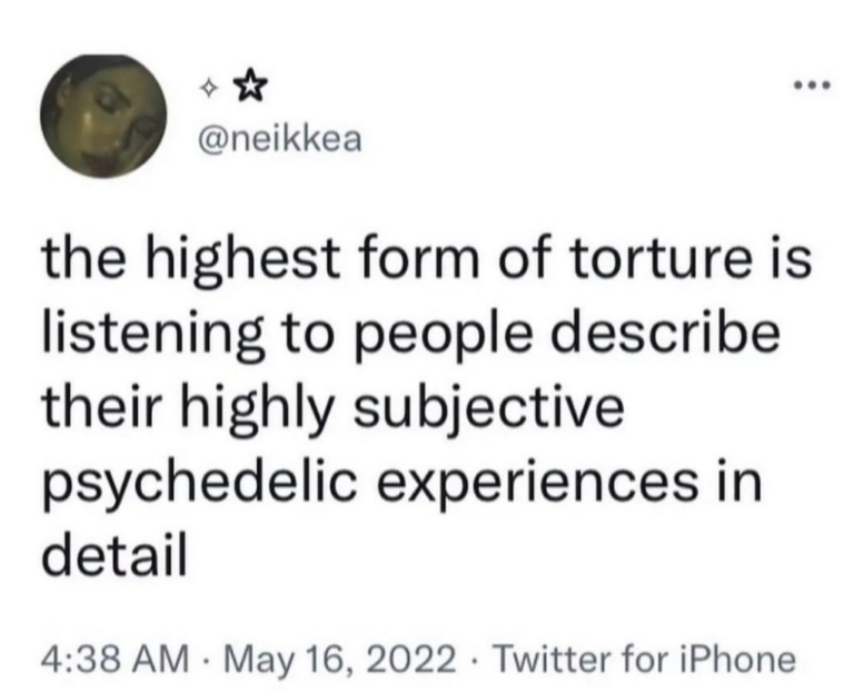 Ein Tweet: ""Die höchste Form der Folter ist es, Menschen dabei zuhören zu müssen, wenn sie ihre hochgradig subjektiven Erfahrungen mit psychedelischen Drogen im Detail beschreiben." Ein von diesem Tweet inspirierter Beitrag." Screenshot: Twitter/@neikkea